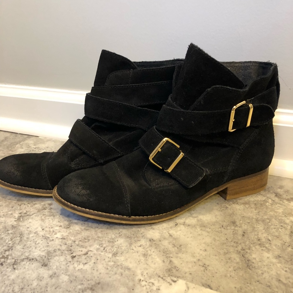 Black Suede Aldo Booties with Gold Buckles